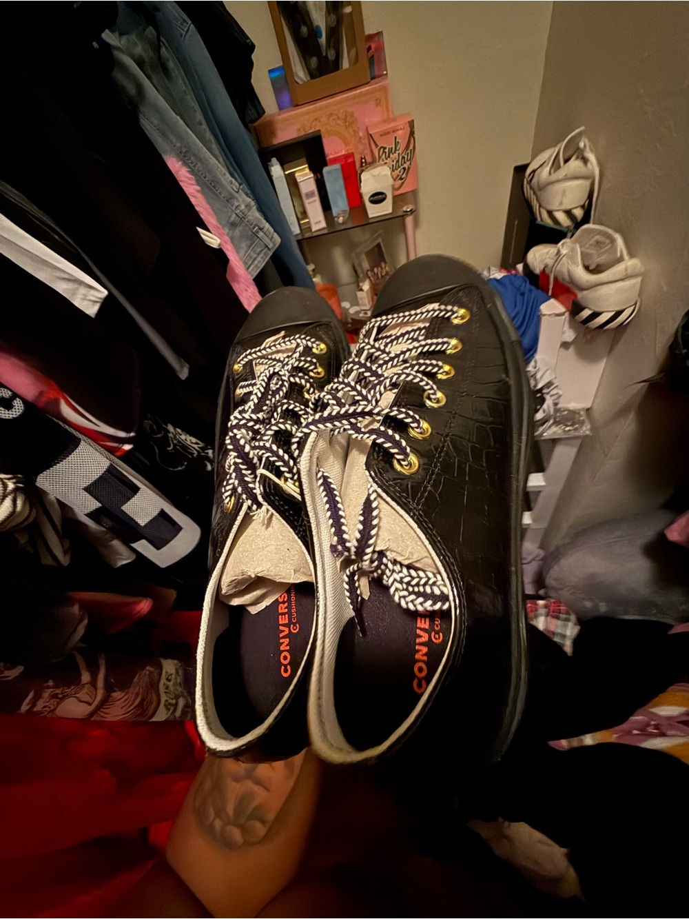 Converse Black Low-Top Sneakers with Cream Tongue and Gold Eyelets